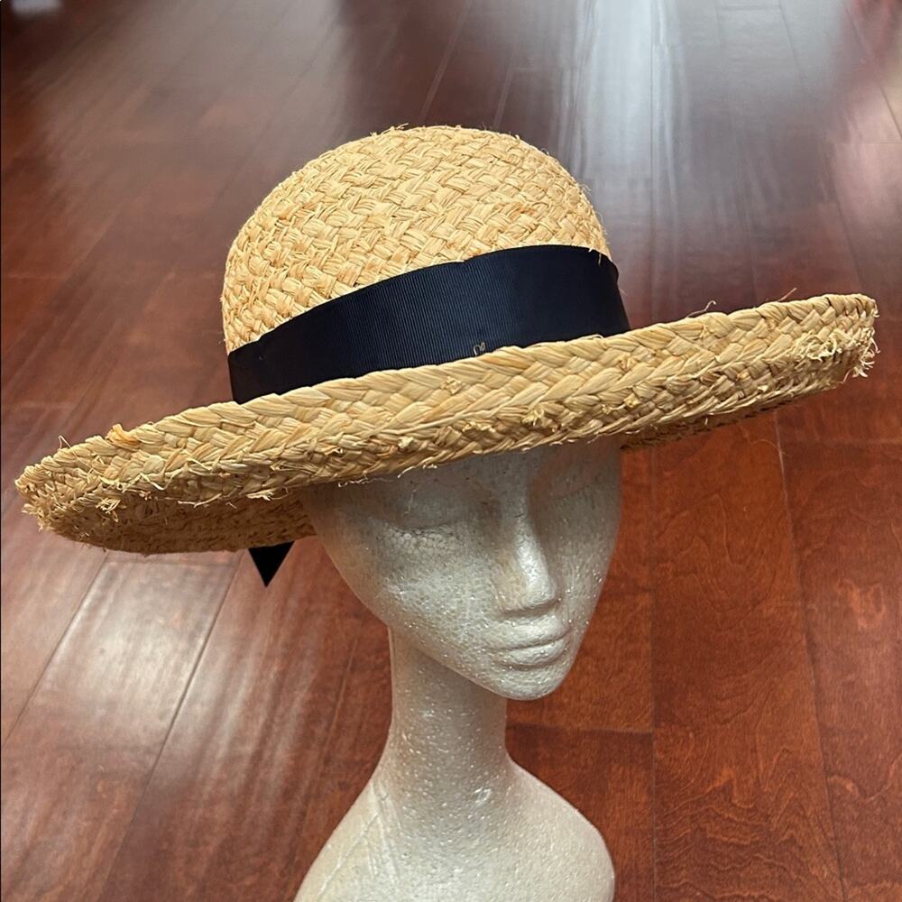 American Hat Company 100% Natural Straw Hat with Navy Ribbon Bow - Picture 5 of 16